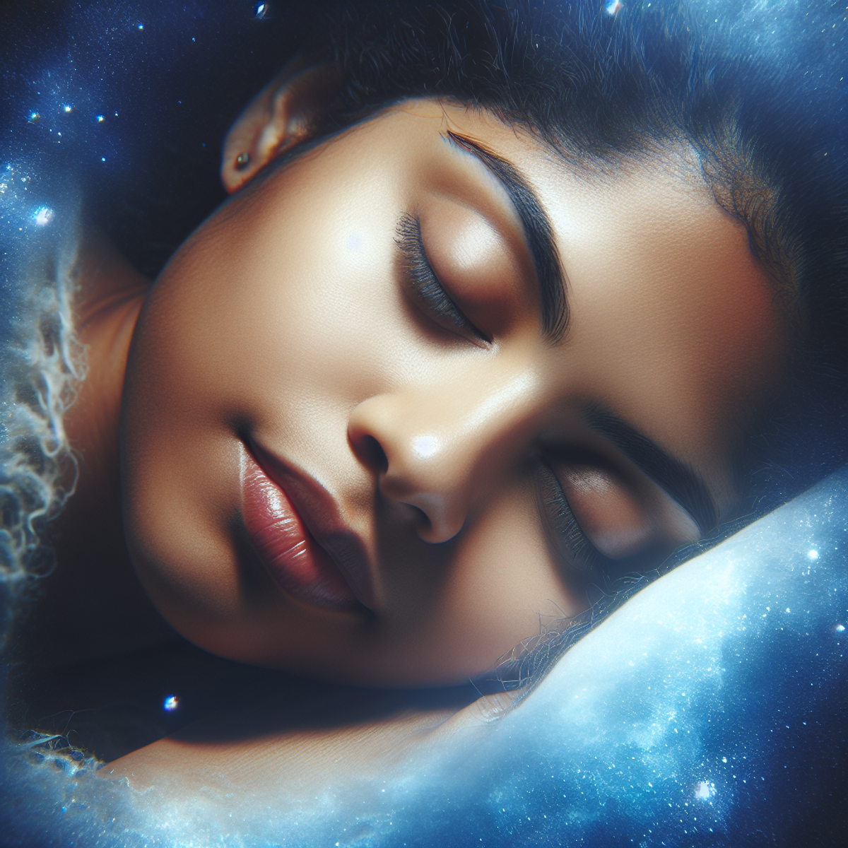 A close-up image of a sleeping Hispanic woman with a peaceful expression on her face, enveloped by a soft glow of moonlight.