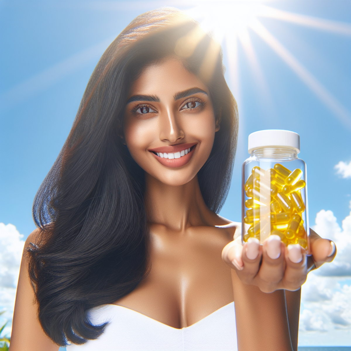 A South Asian woman standing under a clear blue sky with bright sun rays shining upon her, holding up a transparent bottle filled with yellow capsules, representing Vitamin D3 K2 5000 I.U. supplements.