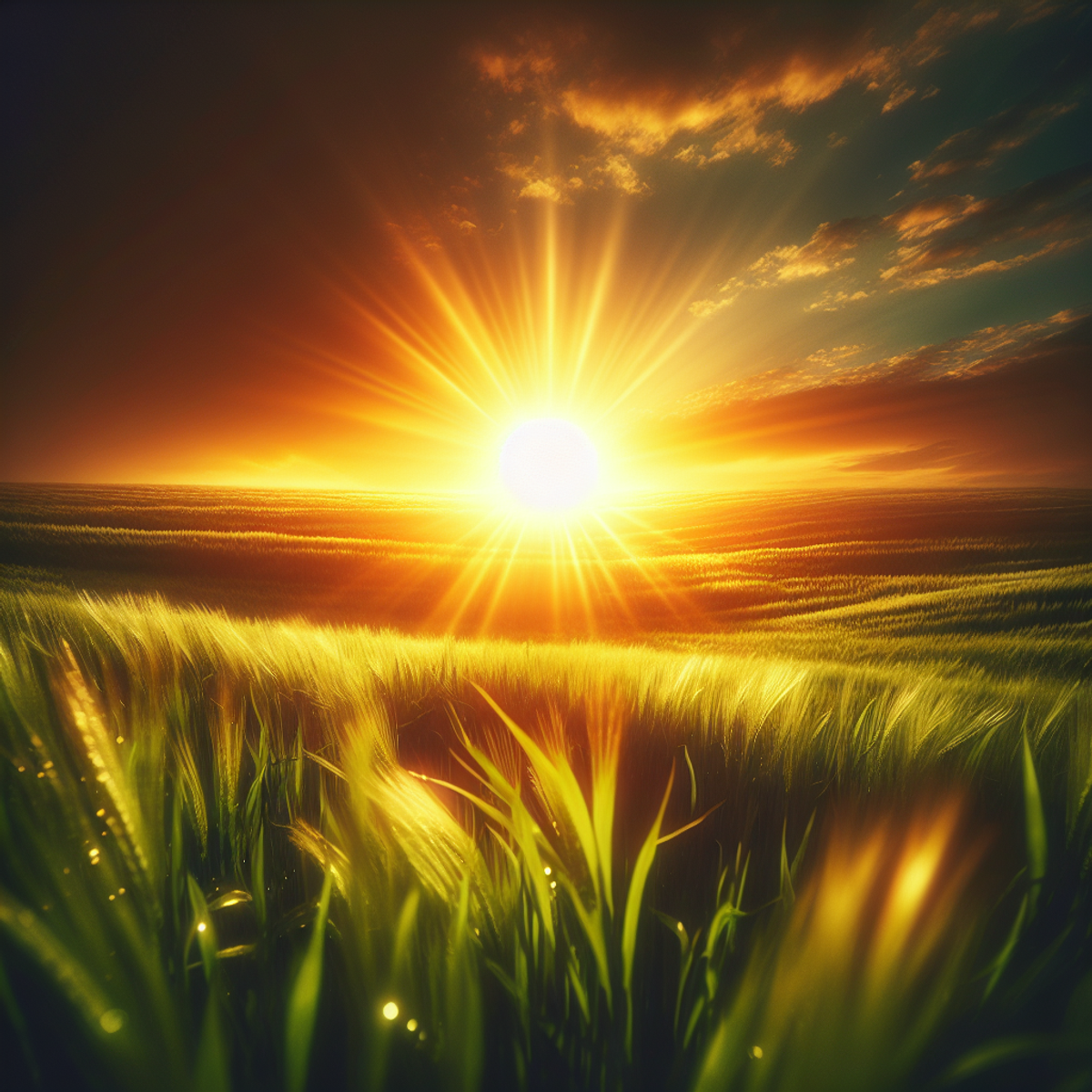 A golden sunrise over a green field.
