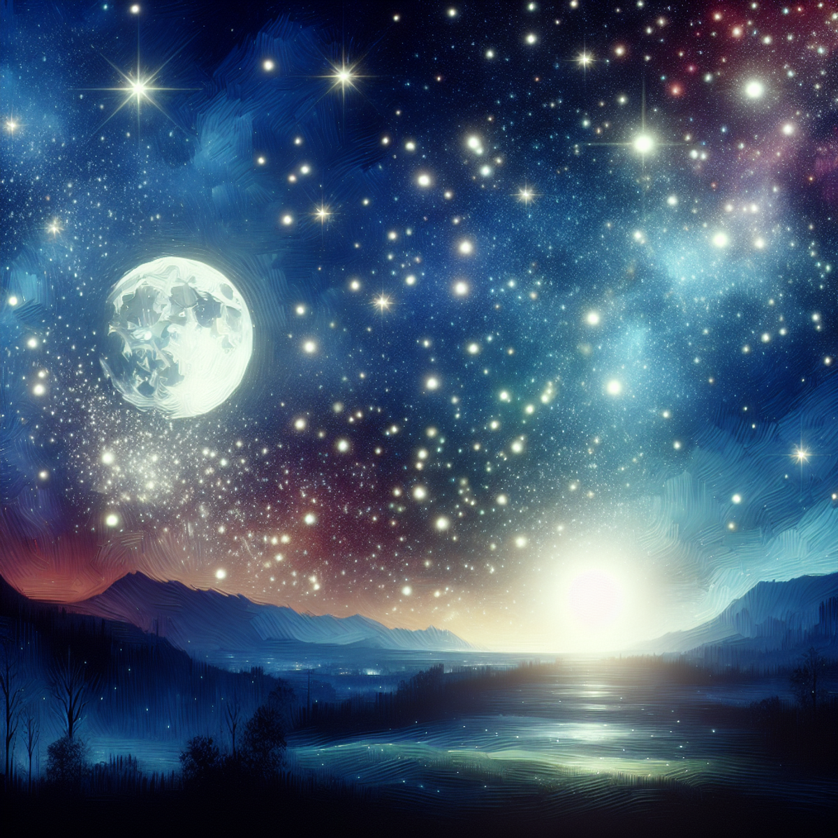A serene late night sky filled with shimmering stars and a radiant, luminous moon casting gentle light onto a serene world below.