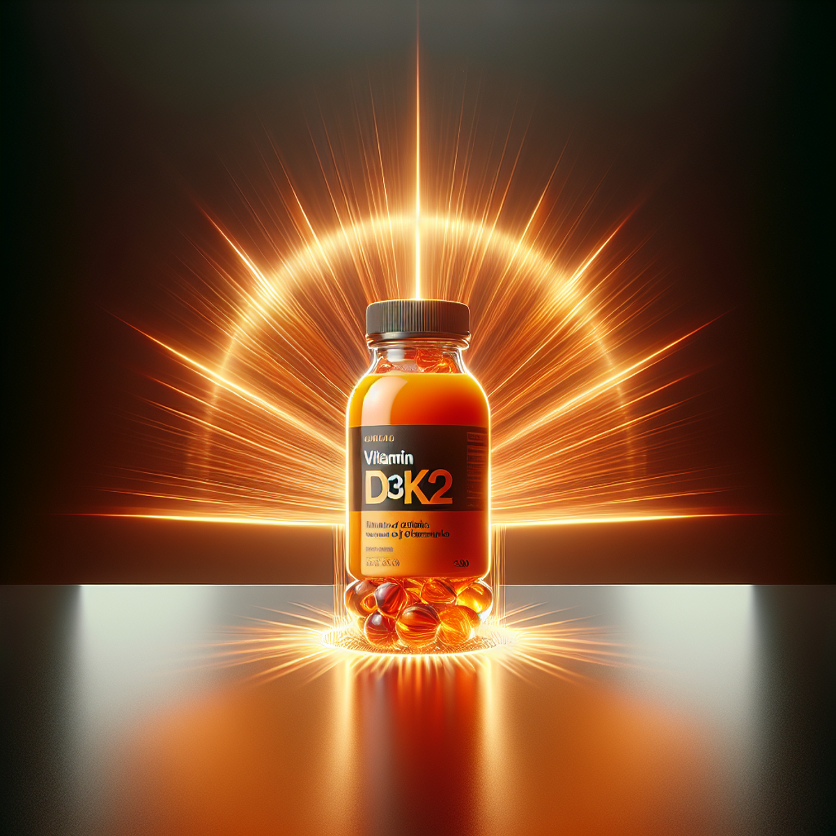 A vibrant orange bottle containing Vitamin D3 K2 5000 I.E. with sunlight rays illuminating it.