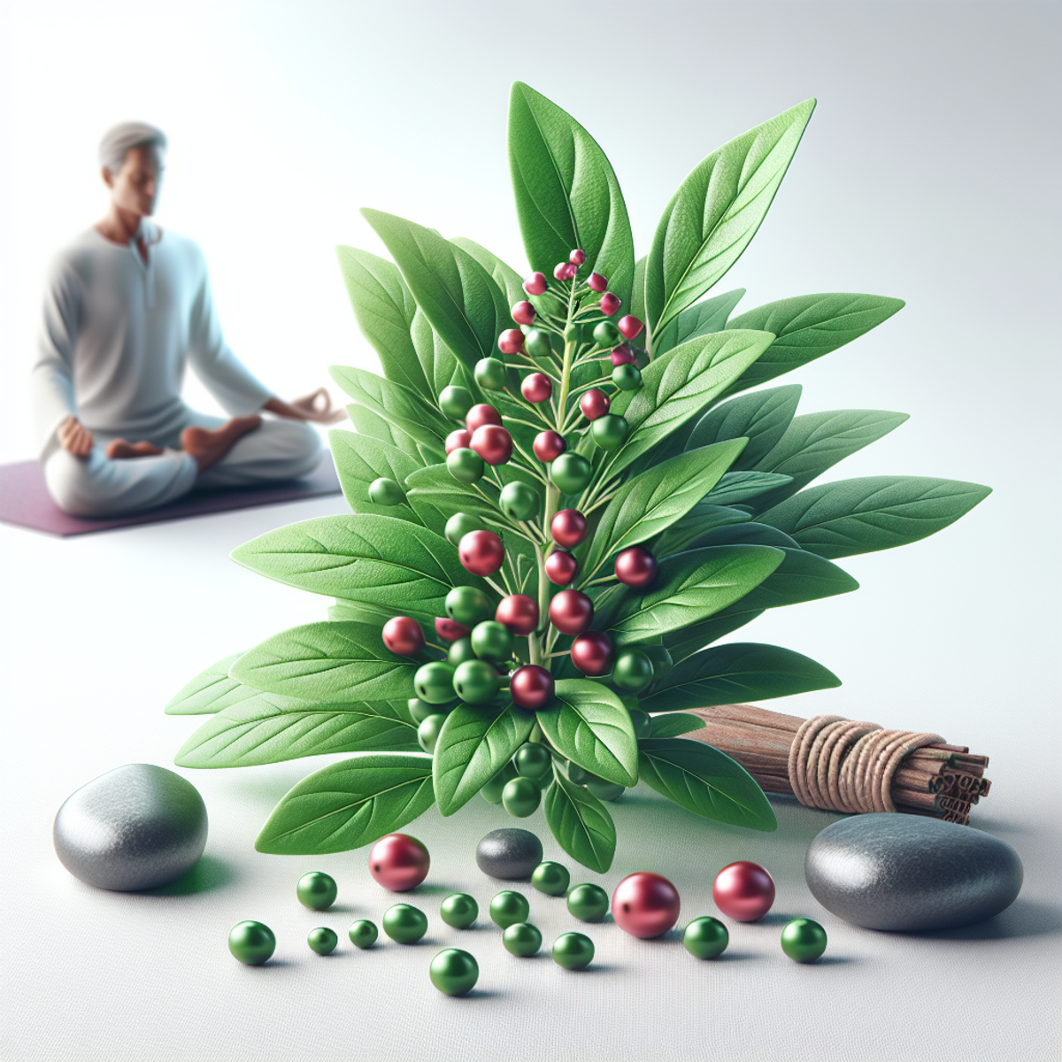 A person sitting cross-legged on a yoga mat next to an Ashwagandha plant with bright green leaves and dark red berries.