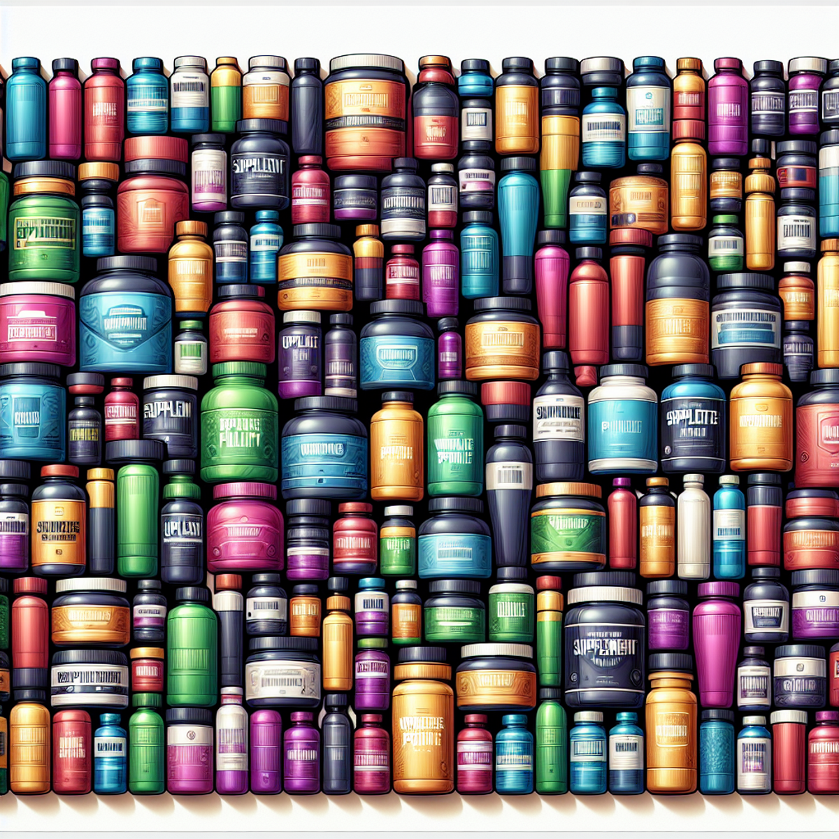 A close-up view of an array of colorful supplement bottles arranged neatly, representing a diverse selection of products in the wholesale supplement market.