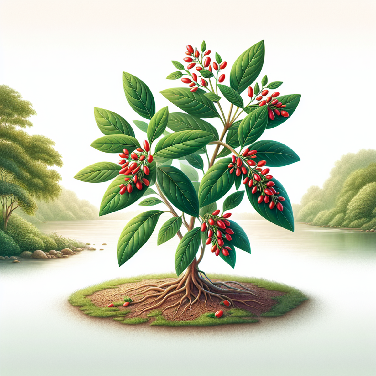 An illustration of an Ashwagandha plant with vibrant red berries, green leaves, and a peaceful background.