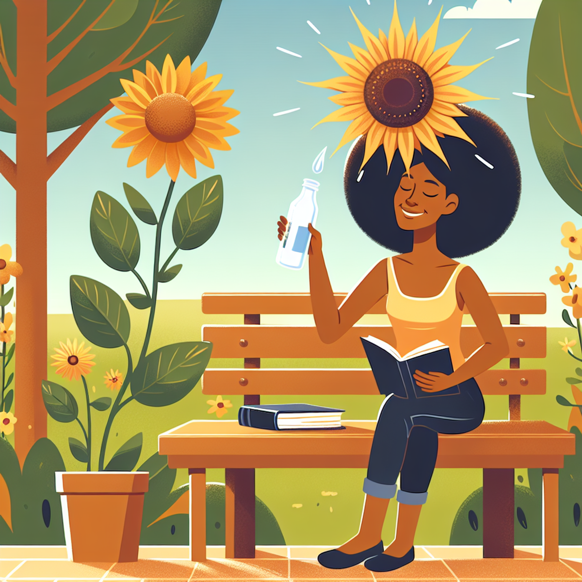 A woman sitting on a park bench with a book and water bottle, sunflower nearby.