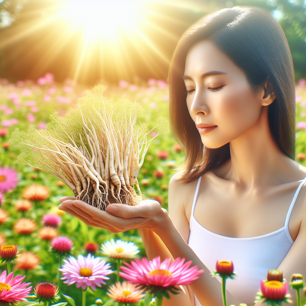 An Asian woman in her mid 30s stands in a field of blooming flowers, holding fresh Ashwagandha roots in one hand and open in a receiving gesture with the other.