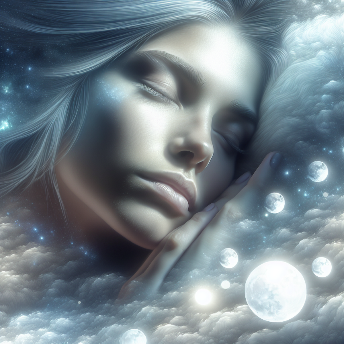 A serene and detailed artwork of a Caucasian female peacefully sleeping, with the moonlight casting a low, cool light on her face, highlighting her every detail with a gentle touch.