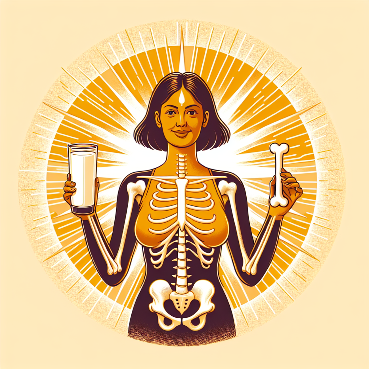 A woman standing under a brilliant sun holding a bone symbol and a glass of milk.