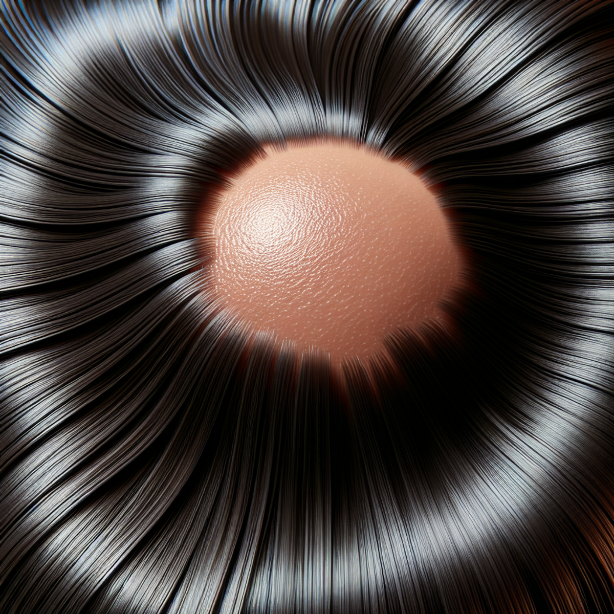 Zbliżenie zdrowej skóry głowy z błyszczącymi, gładkimi pasmami włosów.