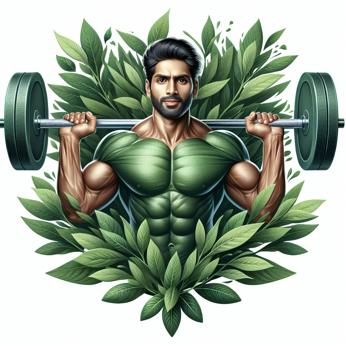 A smiling South Asian man in a gym, lifting weights confidently surrounded by green foliage.