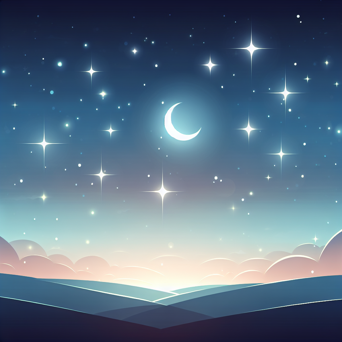 Alt text: A realistic painting of a clear night sky with a thin crescent moon and bright twinkling stars, creating a tranquil and peaceful scene.