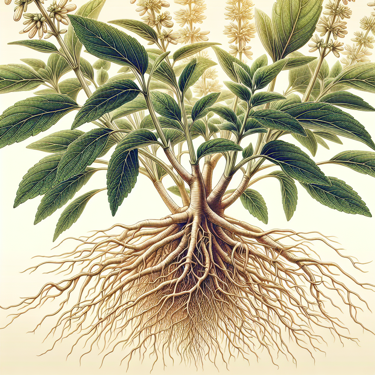 Close-up image of Ashwagandha plant roots with soil and intricate root structure.