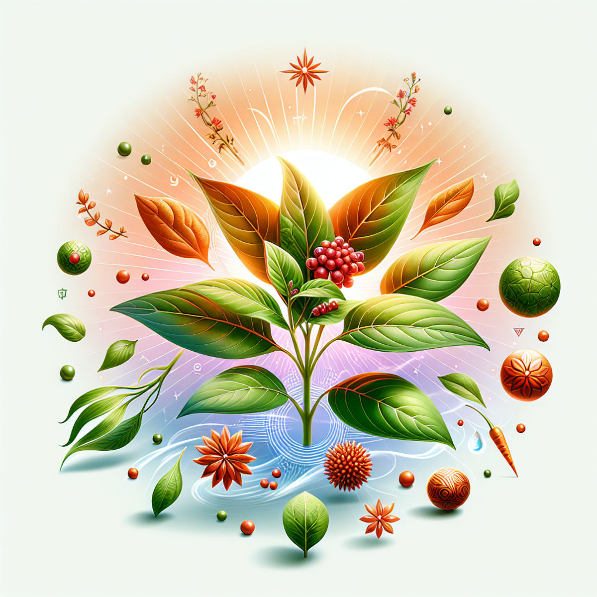 Vibrant illustration of Ashwagandha plant surrounded by symbols of health and vitality.