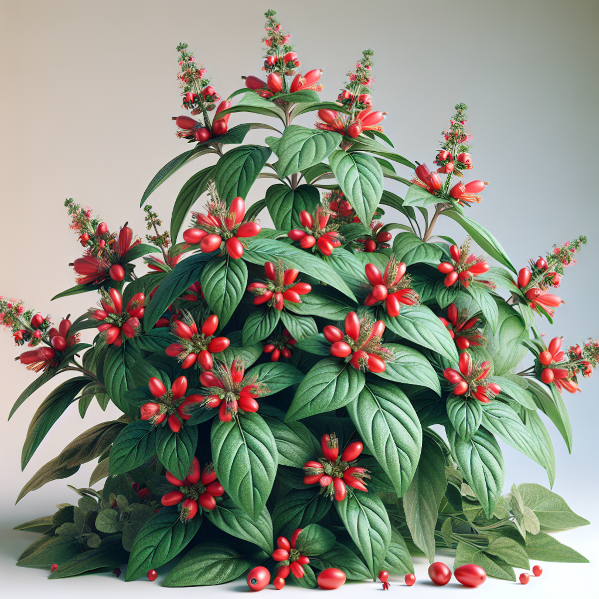 Vibrant Ashwagandha plant with red berries and green leaves in natural environment.