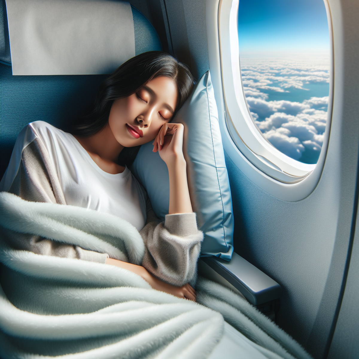 Alt text: A South Asian woman sleeping peacefully in an airplane seat, covered with a blanket and wearing an eye mask, with a serene blue sky and fluffy white clouds in the background.