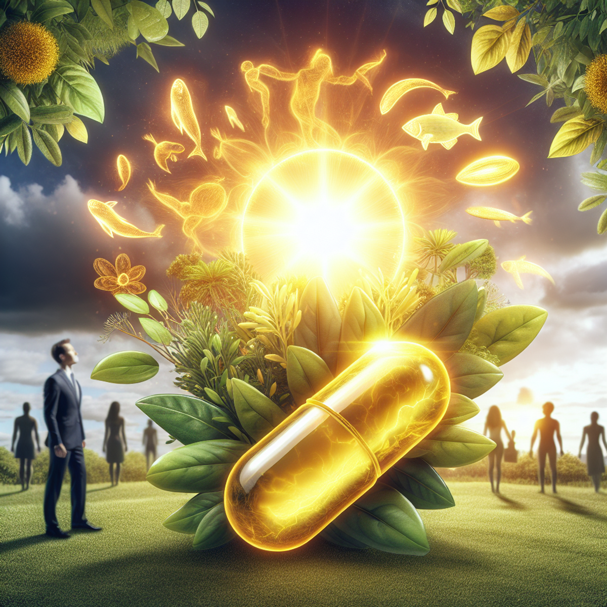 A vibrant sun shining down on a golden vitamin D capsule nestled in green foliage with a diverse group of healthy, active people in the background.