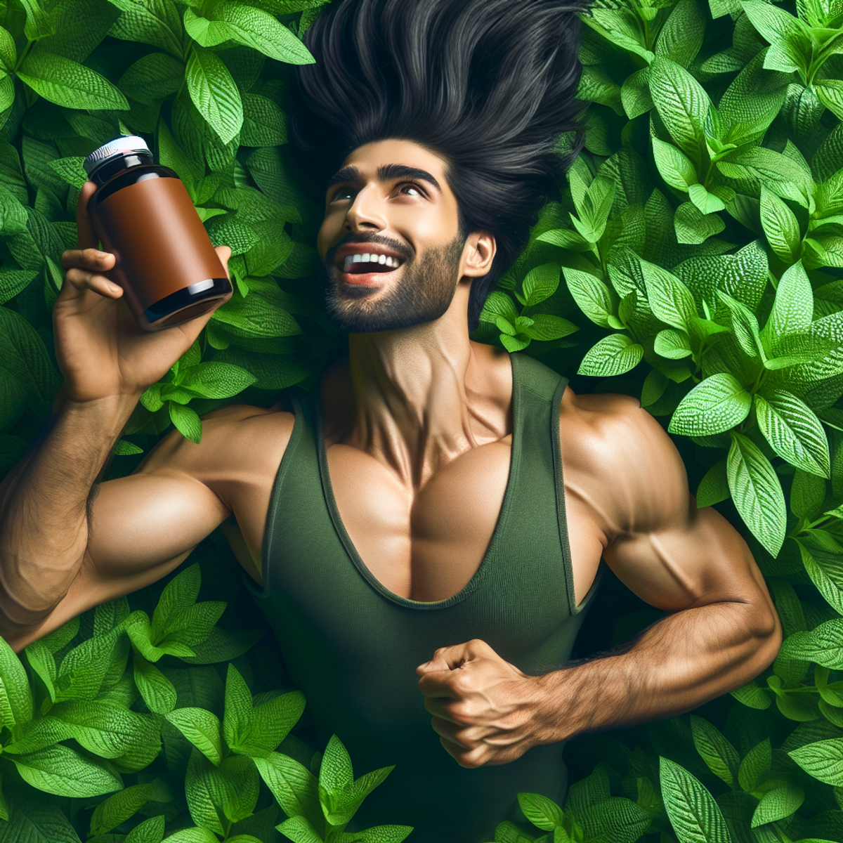 A South-Asian man standing confidently in lush greenery, holding a brown herbal supplement bottle.