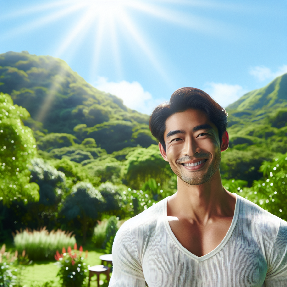 En mand, der smiler i en frodig, solrig udendørs omgivelse.