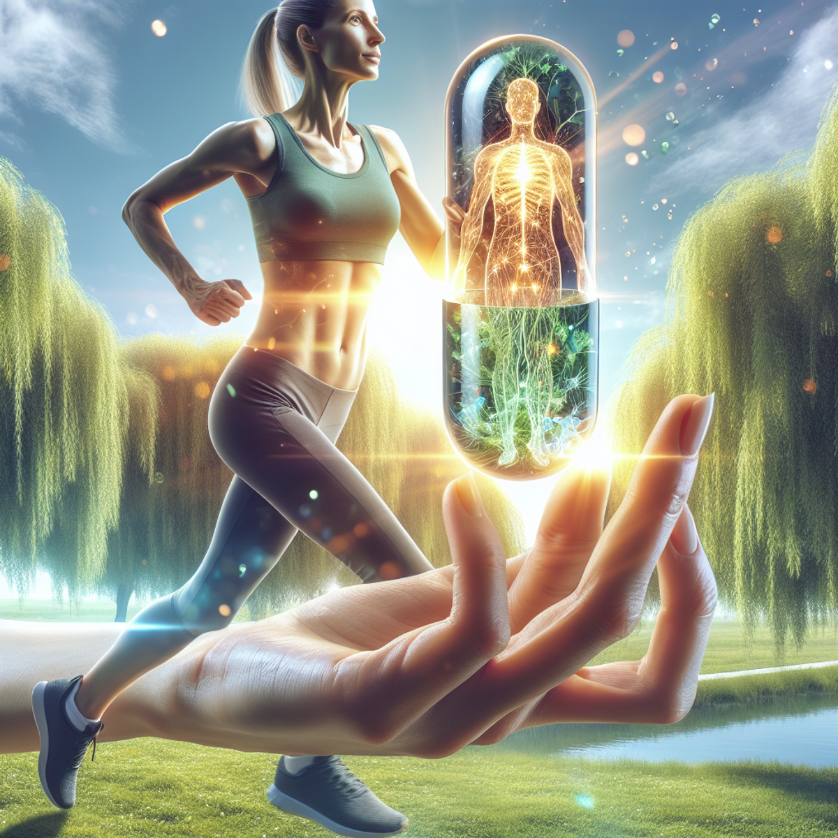 A woman running in a park holding a glowing Vitamin D3 pill.