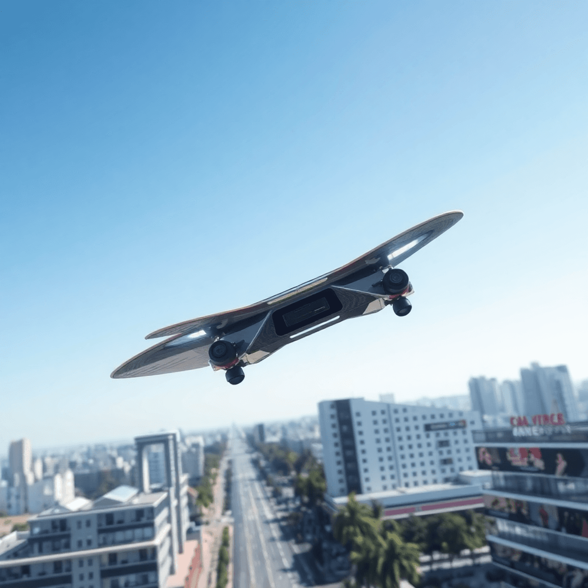 A futuristic flying skateboard glides over a modern city skyline, highlighting advanced technology and sleek design against a clear blue sky.
