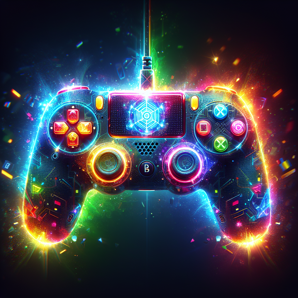 A colorful game controller with vibrant lights and sleek design.