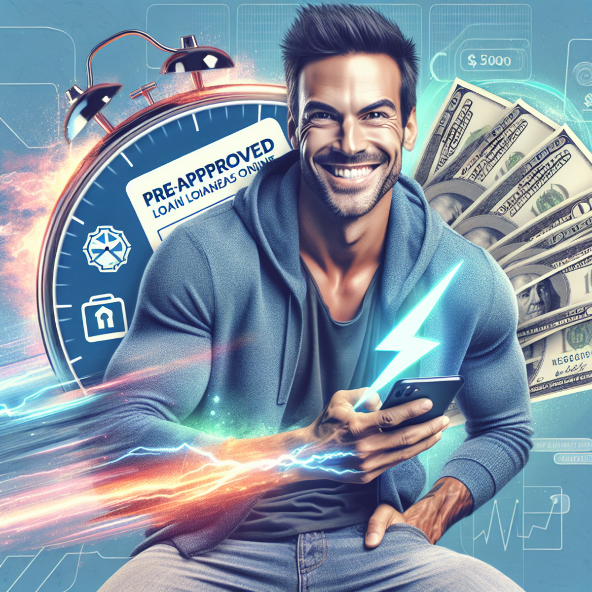 A confident Hispanic man holding a smartphone with a loan application symbol, surrounded by a fast-moving clock, lightning bolt, and banknotes.
