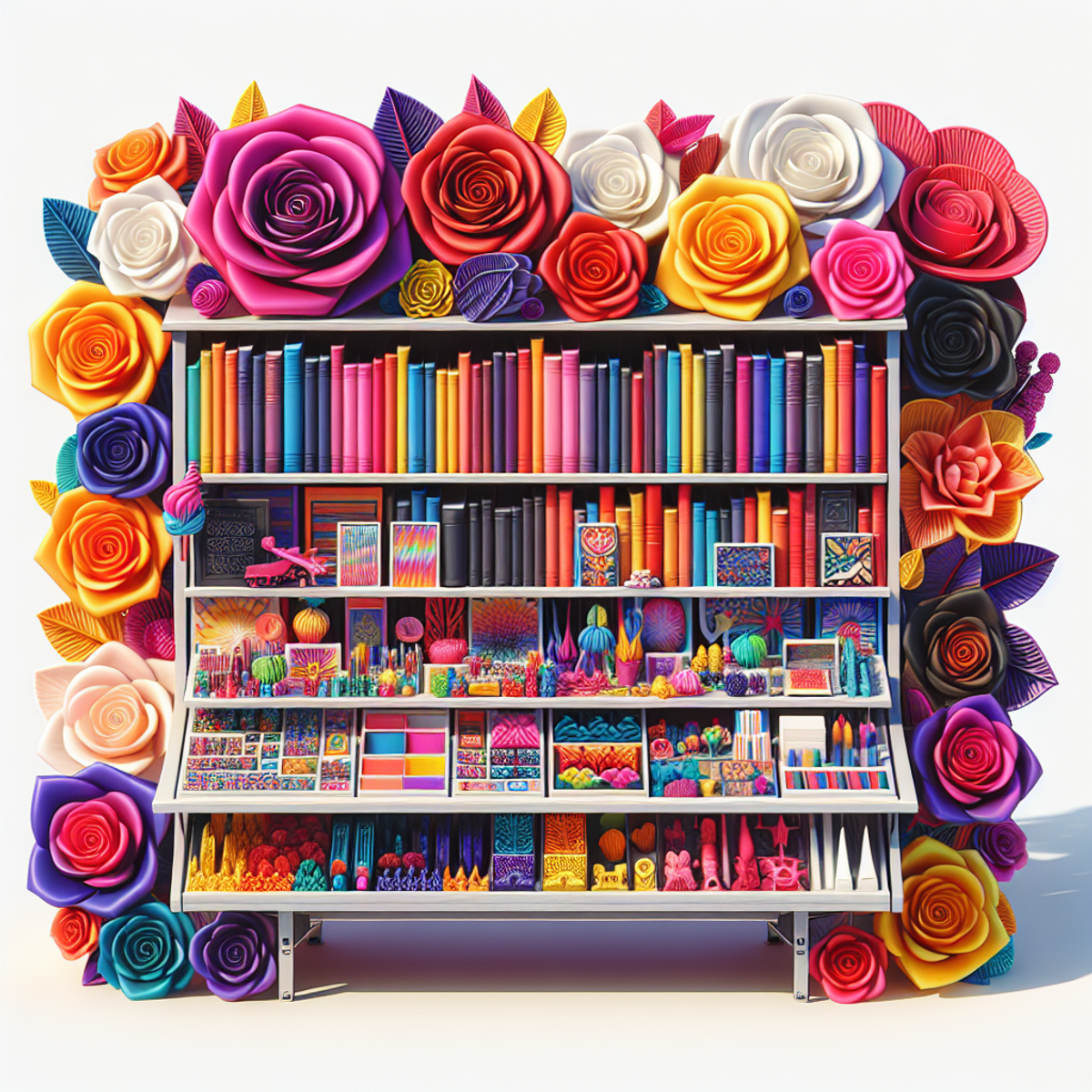 A vibrant outdoor stand with colorful books, assorted roses, and unique 3D printed products.