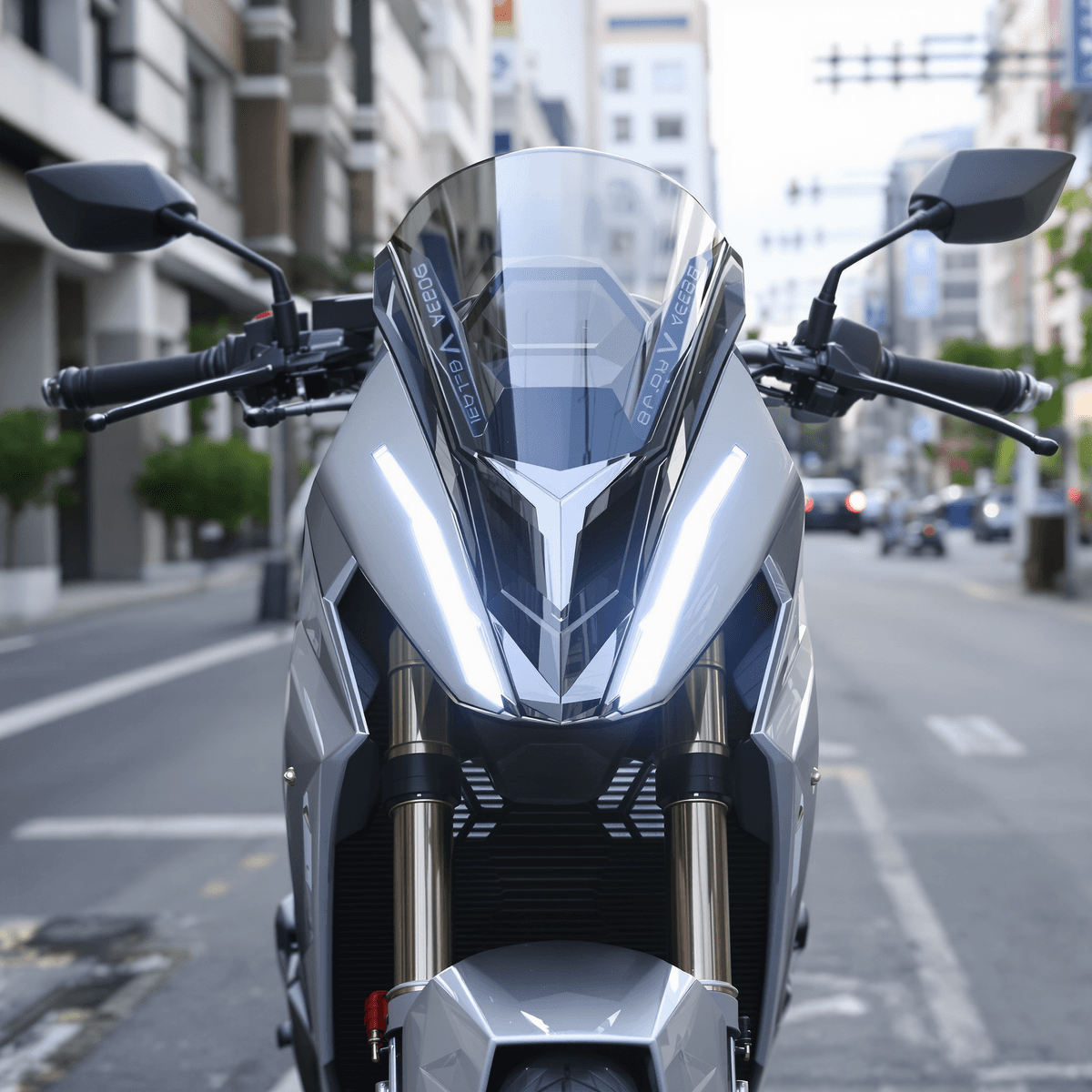 Sebuah sepeda motor listrik modern dengan lampu depan LED berbentuk "V" diparkir di latar belakang perkotaan yang bersih, menonjolkan ramah lingkungan dan desain inovatif.