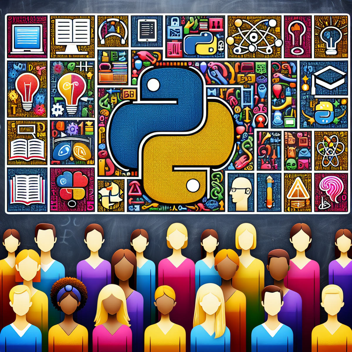 A diverse group of students engaged in learning Python, surrounded by colorful icons representing different library functions in Python.