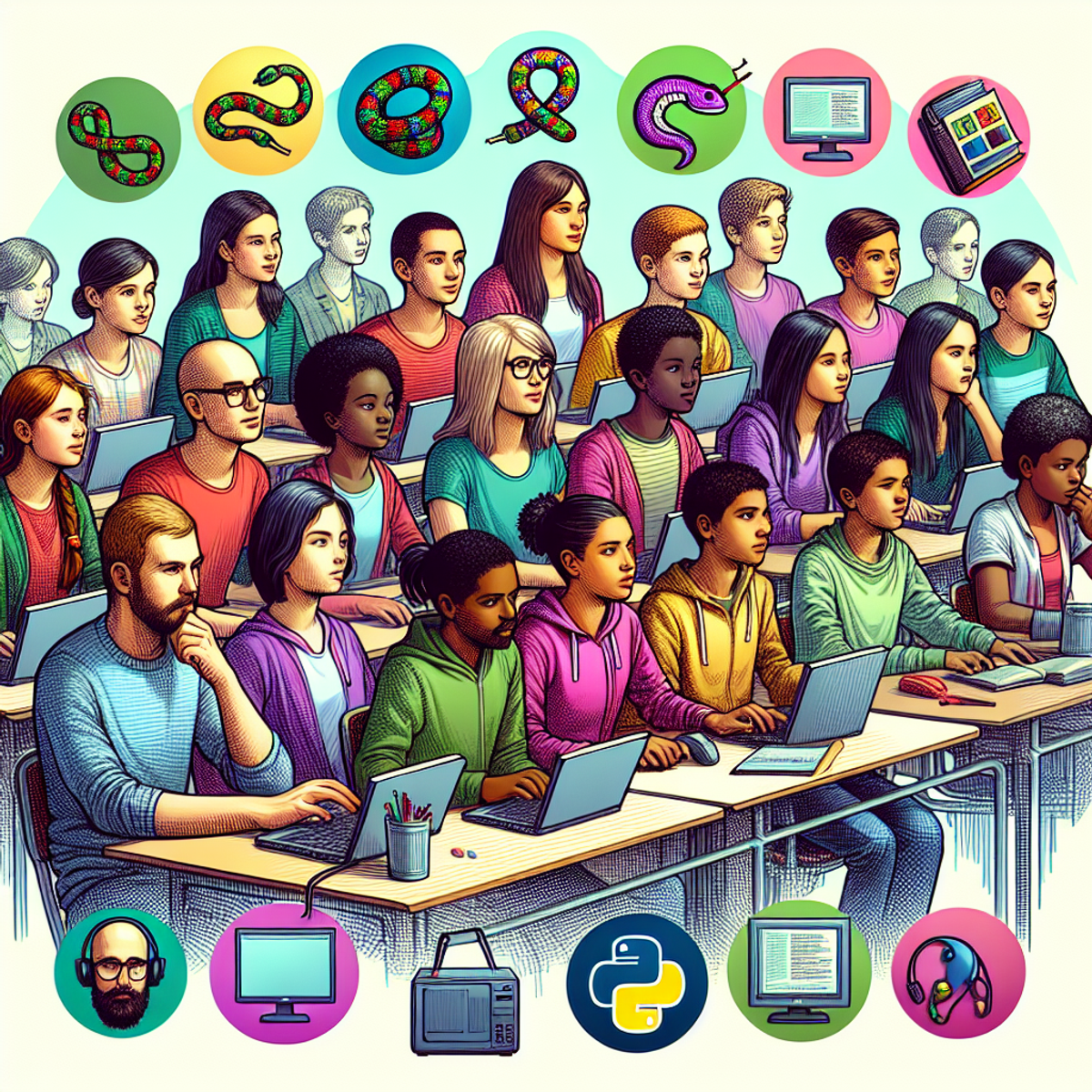 A diverse group of students in a classroom, engaged in Python programming activities, with icons representing Python programming, such as a snake, computer, and IDE.