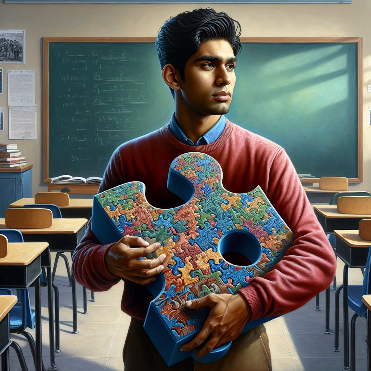 A South Asian male student holding a large, intricate puzzle piece in a classroom setting.