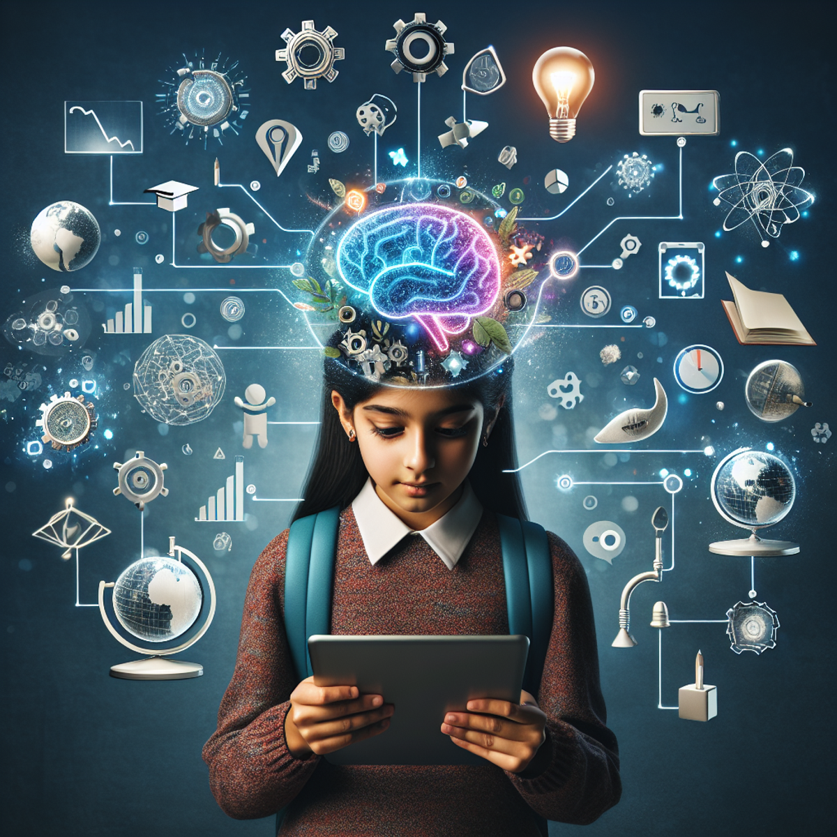 A South Asian female student surrounded by adaptive learning tools and technologies, including an interactive whiteboard, a tablet displaying educational animations, a 3D puzzle, and a globe with AR capabilities. She is surrounded by floating, glowing icons symbolizing her unique learning path—brain, light bulb, gears, arrows adjusting direction, and a graduation cap.