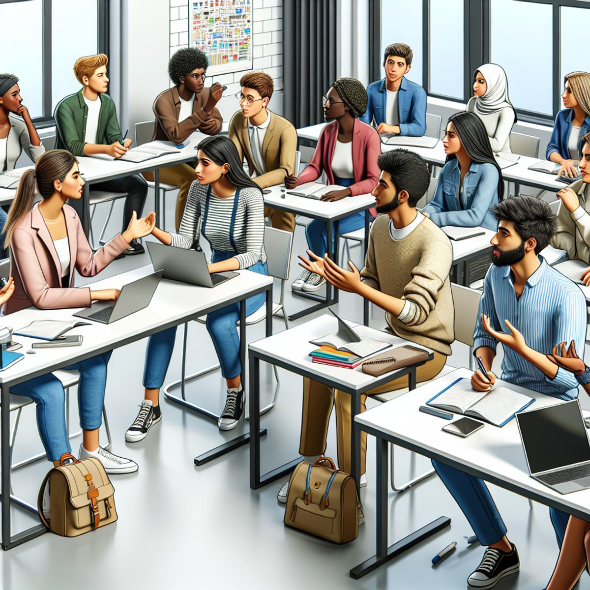 A diverse group of students from various ethnic backgrounds actively engaging in discussion and learning in a modern classroom setting.