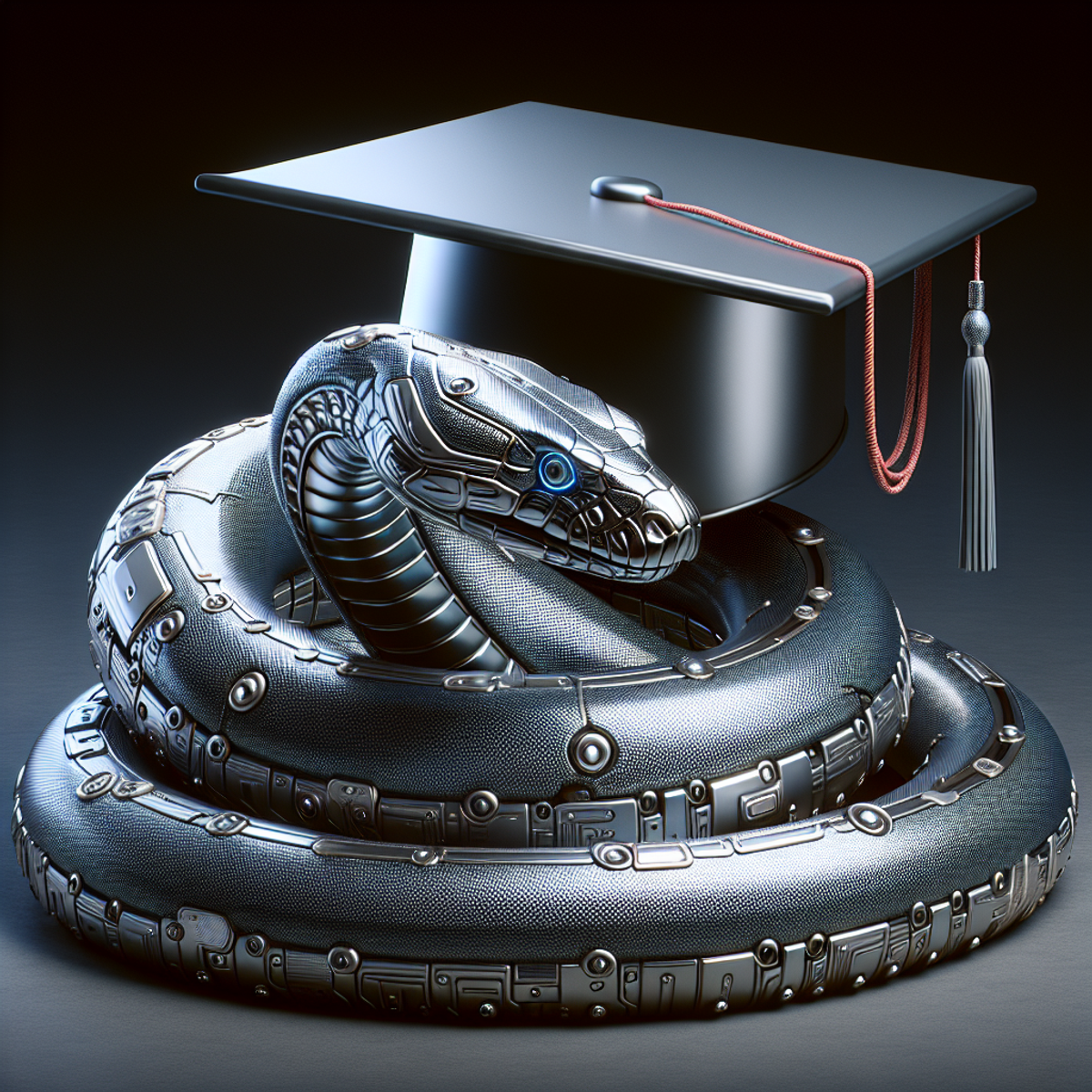 A robotic python coils around a futuristic graduation cap, symbolizing technology-driven education.