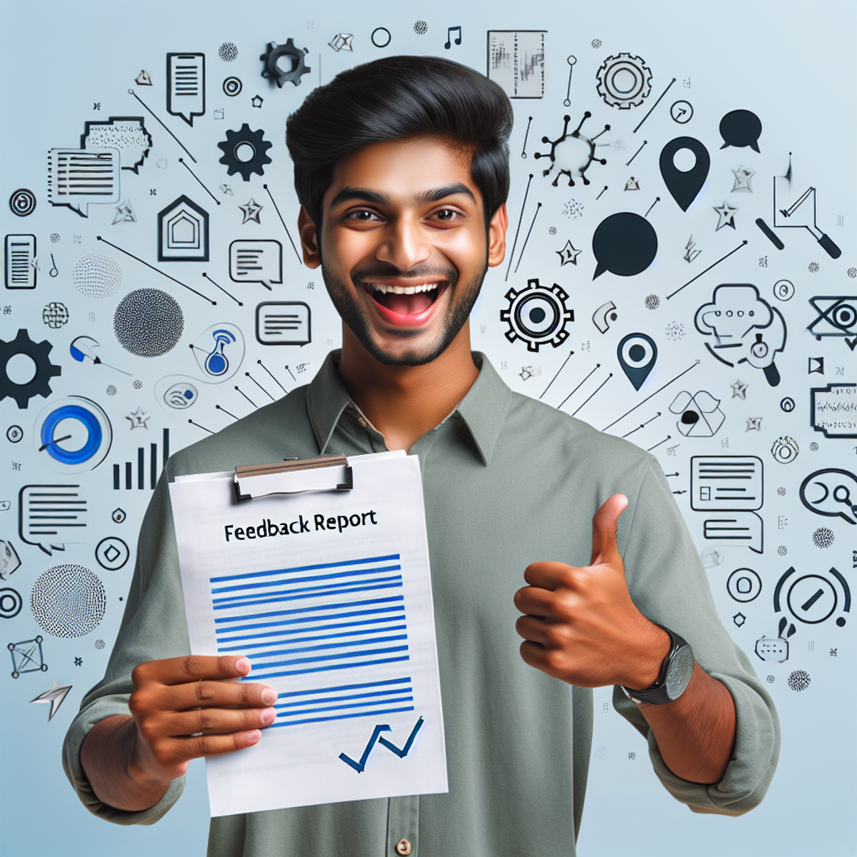 A South Asian male student joyfully holding a feedback report surrounded by NLP symbols.