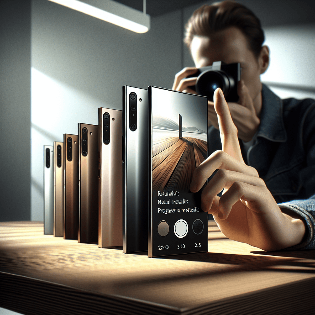 A sleek, modern smartphone in various metallic hues rests on a contemporary wooden table, while a Caucasian individual holds it up to take a photograph. The phone’s advanced camera system is prominently featured, and the bright, innovative environment enhances the overall atmosphere of progress and technology.