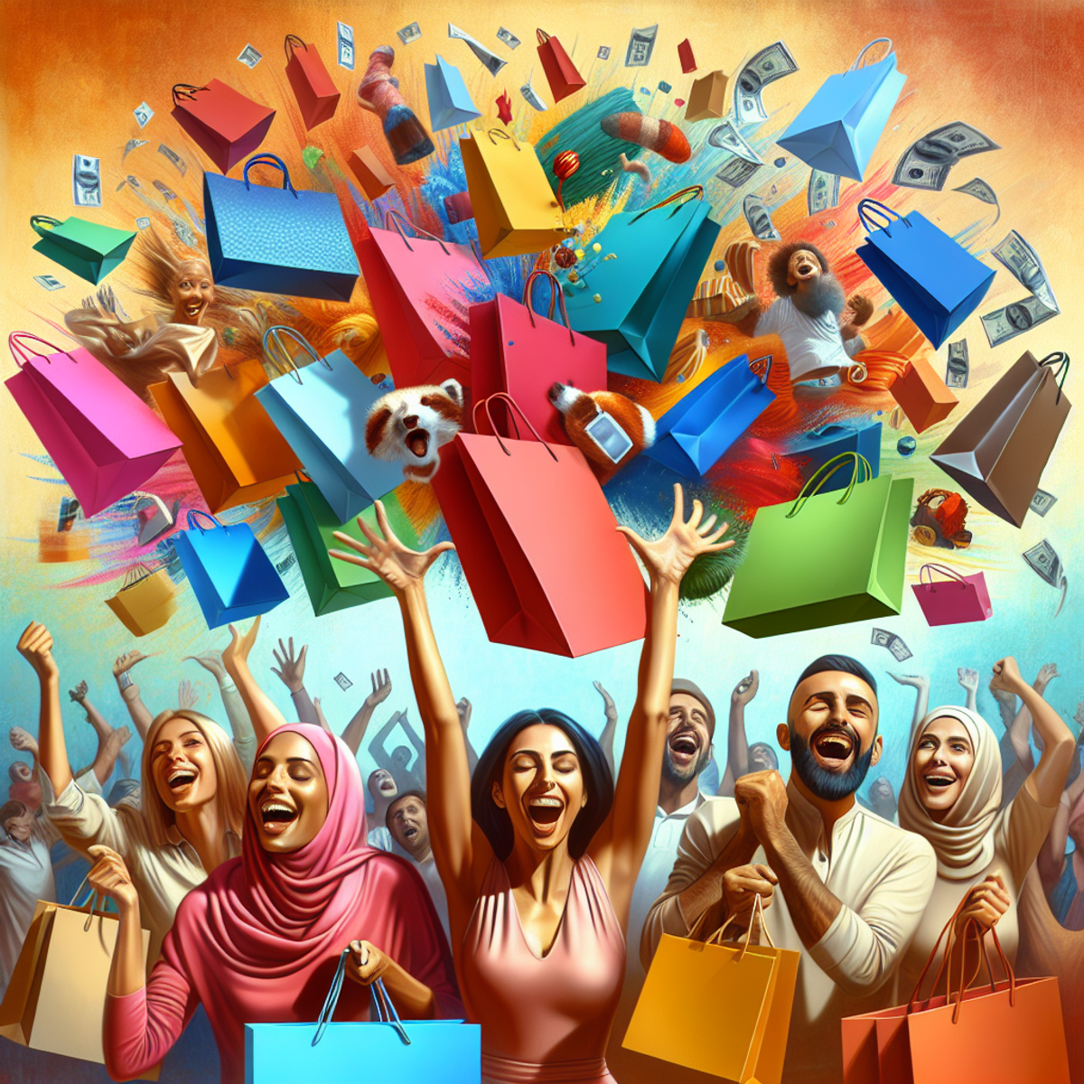 Eine geschäftige Einkaufsszene mit lebhaften, bunten Einkaufstüten und aufgeregten Käufern.
