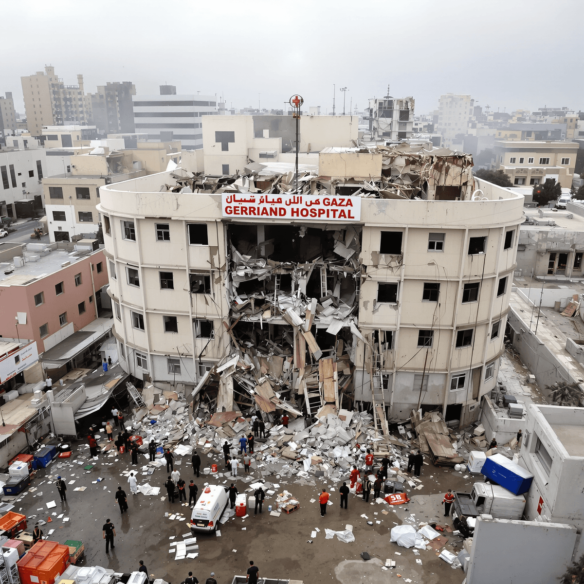 Aerial view of a damaged hospital with emergency responders and medical personnel amid destruction in a conflict zone.