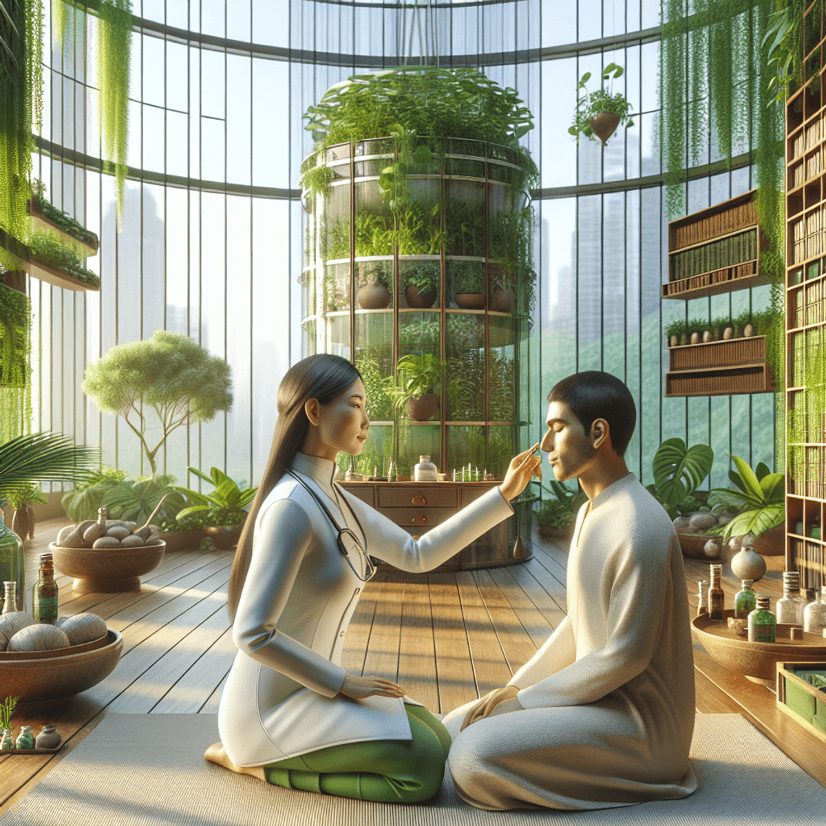 Ayurveda Eye Treatment 2 A serene medical space with lush green plants, bright sunlight filtering through large windows, and a calming atmosphere. In the center, an Asian woman dressed in traditional Ayurvedic attire is gently examining the eyes of a Middle-Eastern patient, who appears relaxed and engaged. The room is decorated with natural elements that evoke healing and tranquility, enhancing the connection between Ayurveda and eye health.