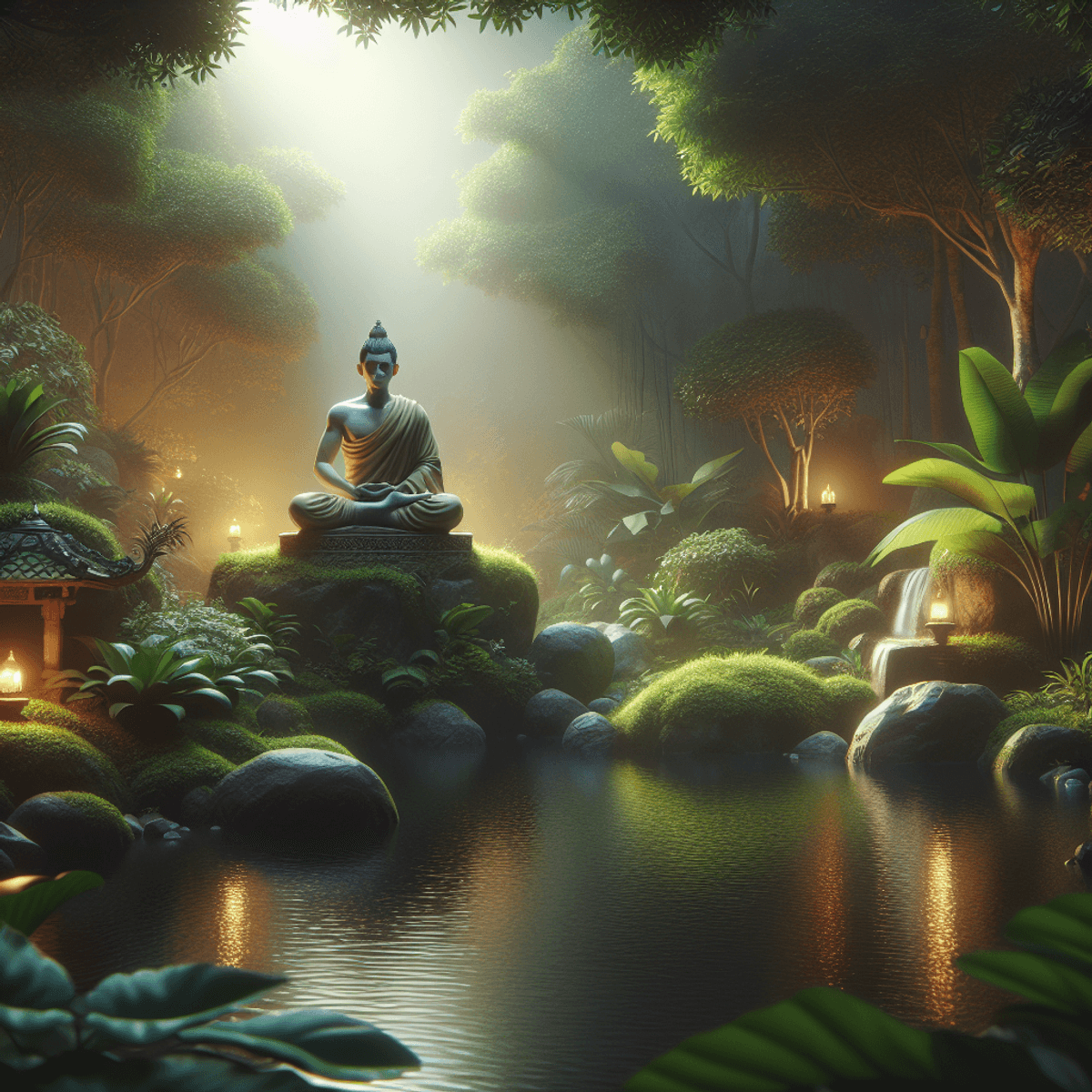 Ayurveda Eye Treatment 3 A serene setting featuring an Asian individual sitting cross-legged on a smooth stone surface, deeply engaged in mindfulness meditation. The person has a peaceful expression, surrounded by lush green plants that thrive in the gentle sunlight. In the background, a small waterfall trickles softly into a clear pond, creating a soothing sound. The soft lighting casts a warm glow over the scene, enhancing the tranquil atmosphere and emphasizing the healing qualities of nature. The realistic style captures every detail, evoking a profound sense of calmness and therapeutic relaxation.