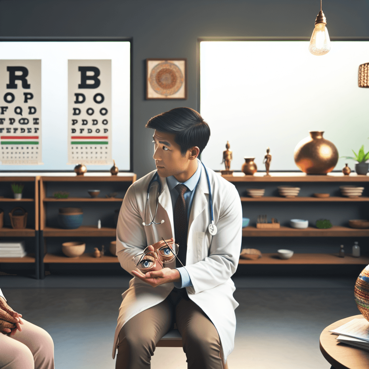 Ayurveda Eye Treatment 4 A serene Ayurvedic clinic interior featuring an Asian medical professional and a Hispanic patient engaged in a conversation about eye health. The room is adorned with lush green plants, calming decor, and natural elements that promote a holistic atmosphere. Soft lighting enhances the peaceful setting, while the characters express attentiveness and understanding, symbolizing a focus on lifestyle changes for cataract treatment.