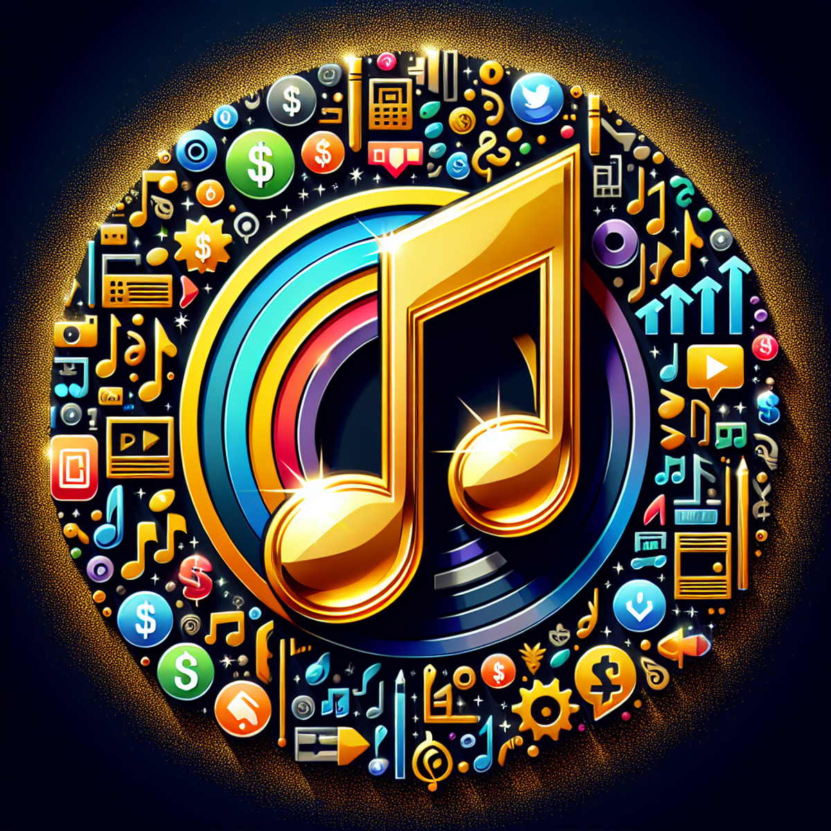 A vibrant and colorful 3D illustration of a golden music note surrounded by social media icons, currency motifs, and an ascending line graph.