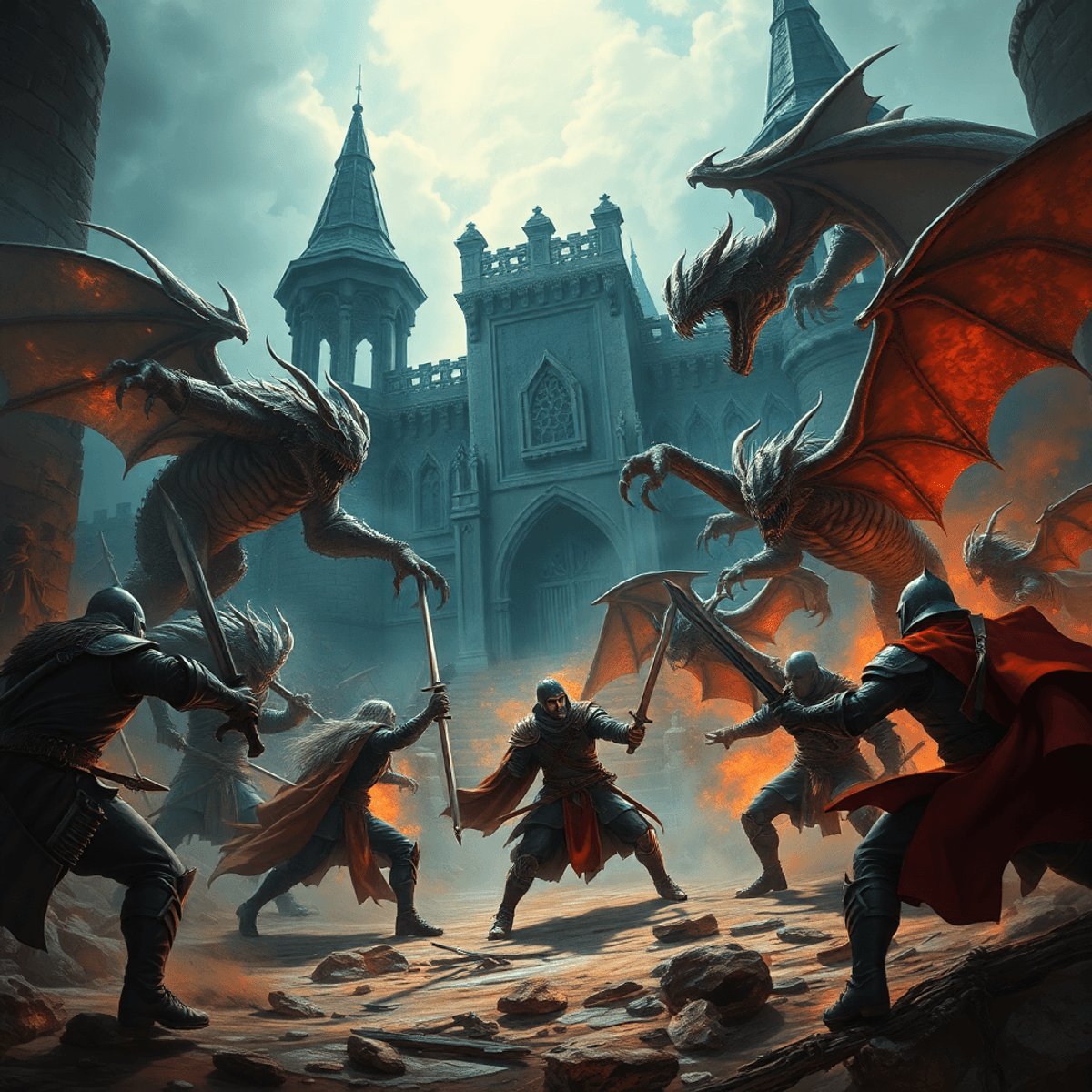 Fierce warriors battling monstrous demons in a dark, mystical castle with intense action and suspense in a realistic style.