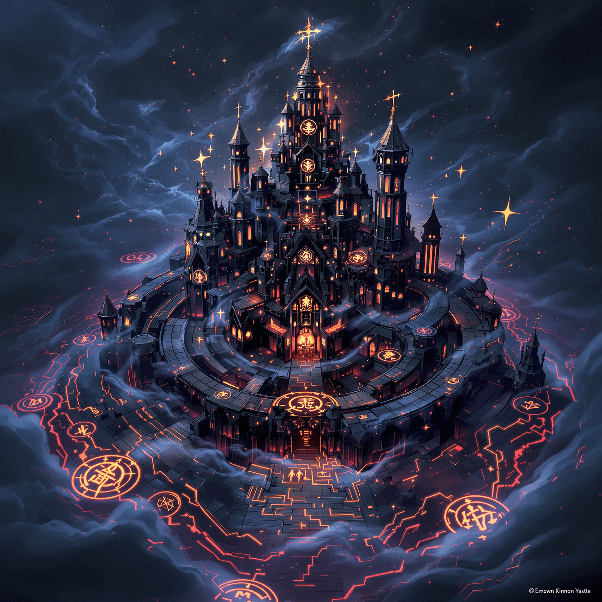 A dark, labyrinthine castle shrouded in swirling mist and glowing mystical symbols, with dynamic lighting creating a mysterious, intense atmosphere.