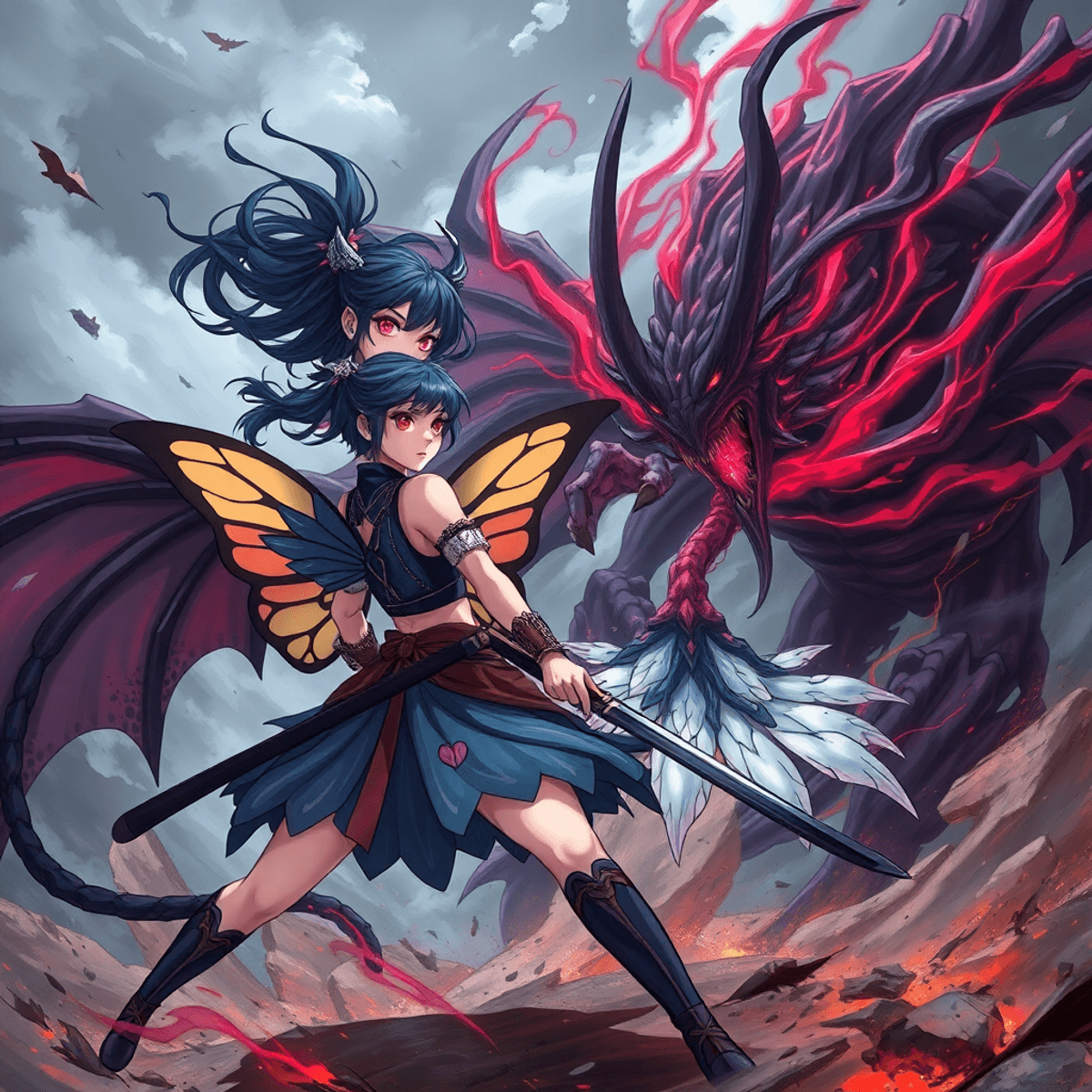Anime-style battle between a butterfly-themed female warrior and a dark demon amid a stormy, intense backdrop symbolizing conflict and sacrifice.