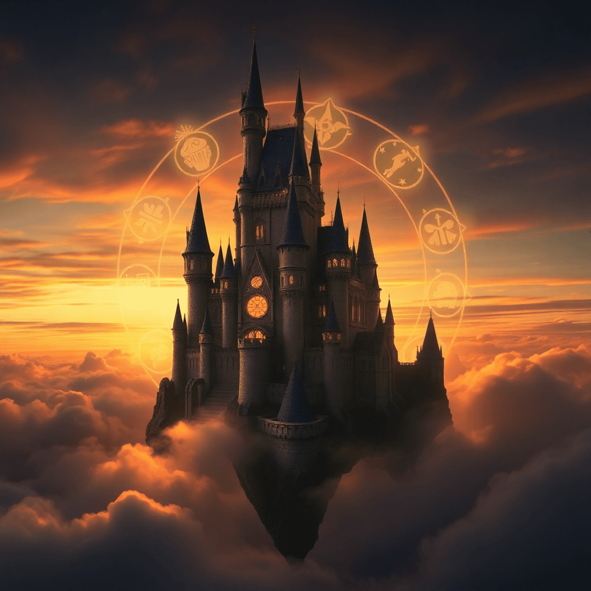 A realistic floating fantasy castle in clouds at sunset, surrounded by glowing mystical symbols, evoking epic adventure and complexity.