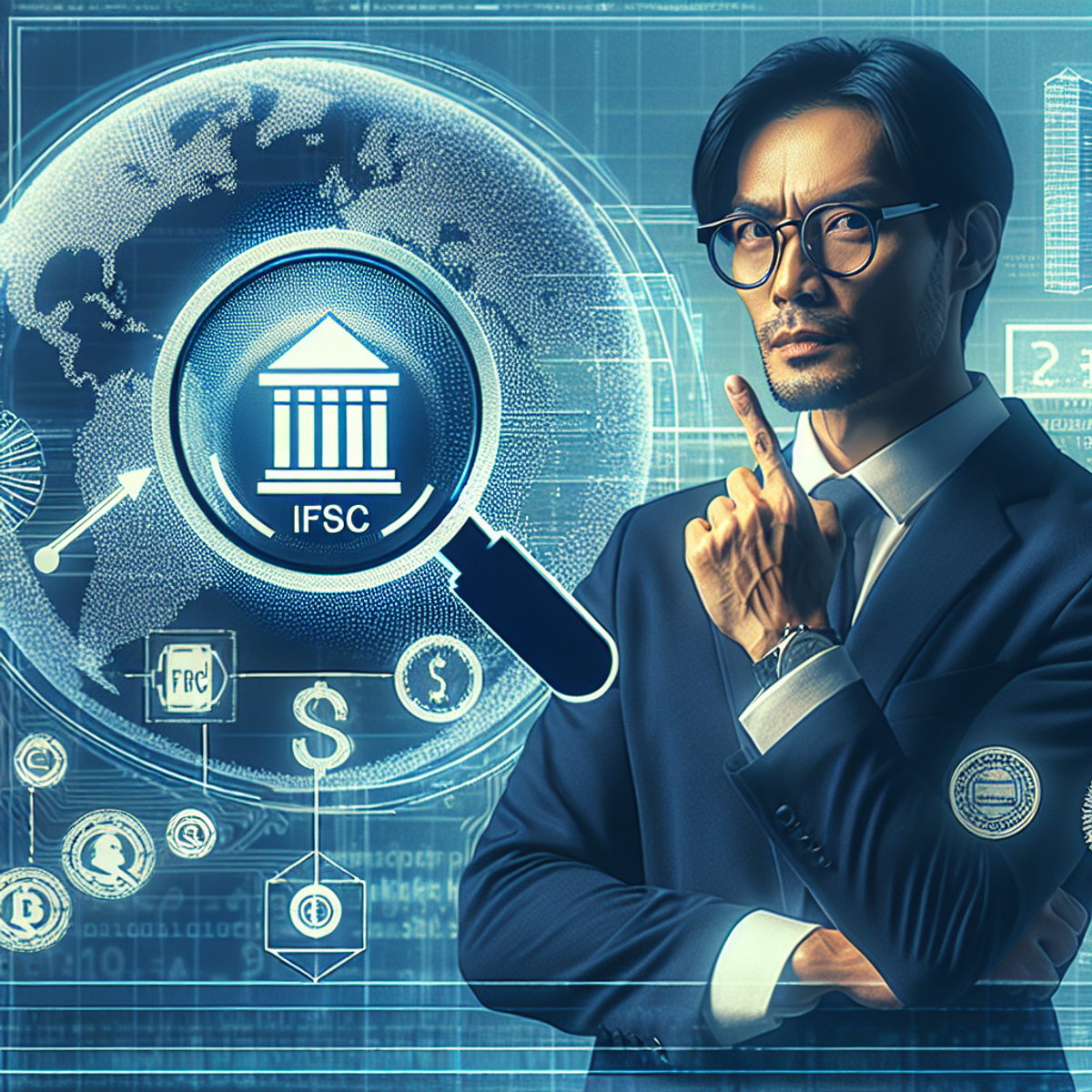 A man navigating a digital banking interface with various banking icons and a magnifying glass.