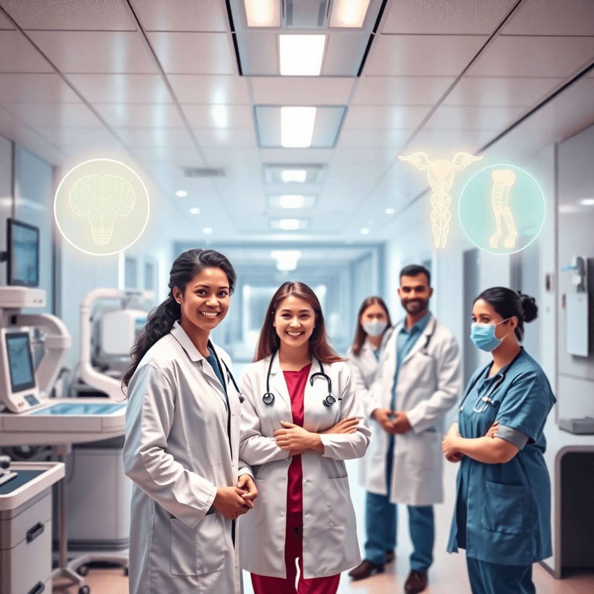 Bright modern hospital interior with advanced equipment, doctors warmly interacting with patients, and glowing medical icons in a clean, welcoming atmosphere.