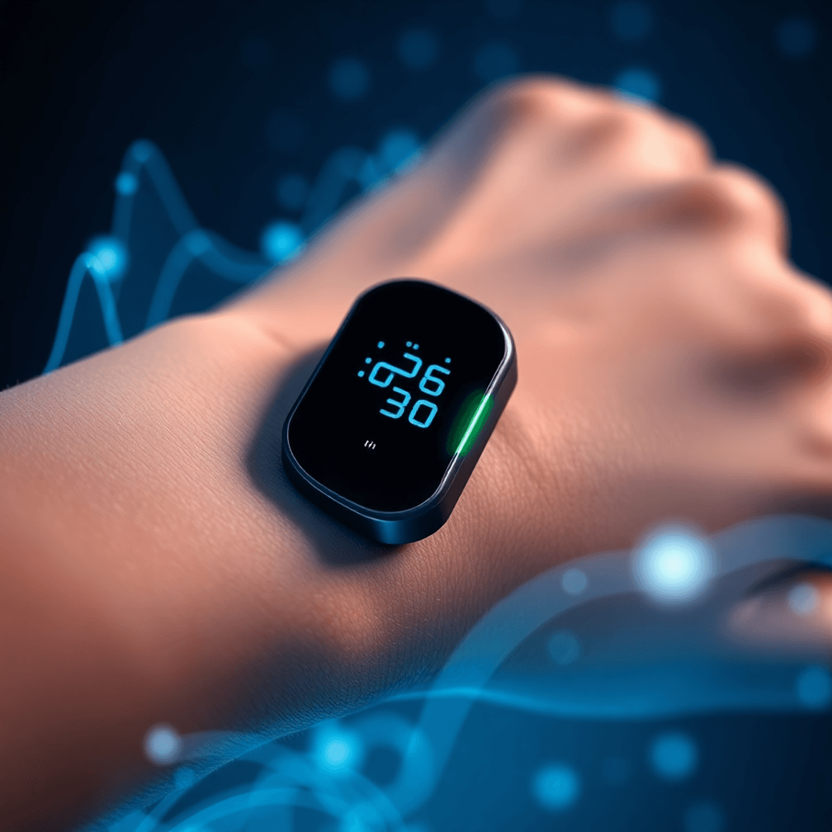 Close-up of a modern glucose sensor on an arm, glowing blue and green with digital waveforms and data points representing real-time health monitoring.