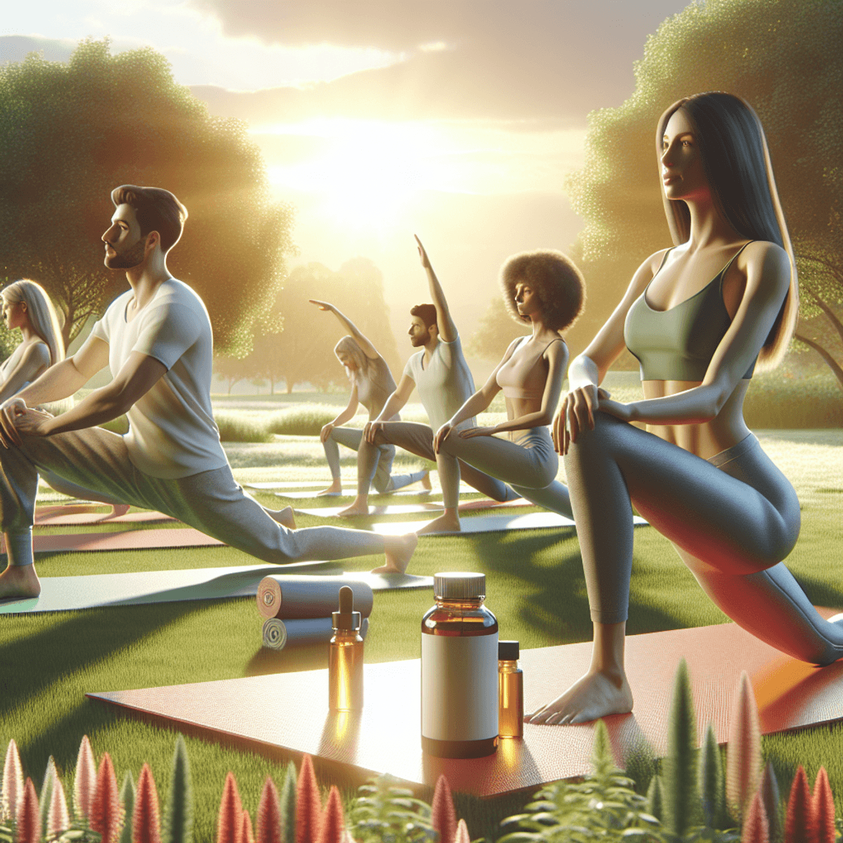 How DAD Ayurveda Pain Relief Oil Works 5 A Caucasian woman and a Hispanic man are gently exercising in a park at sunrise, practicing various stretching poses on colorful yoga mats. A bottle of Ayurvedic oil is placed prominently nearby, emphasizing natural pain relief. The early morning sky features soft, uplifting colors that enhance the theme of vitality and wellness.